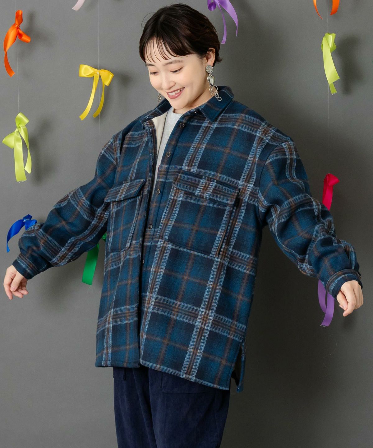 わんコレ柄ネルチェック×ボアシャツアウター-3