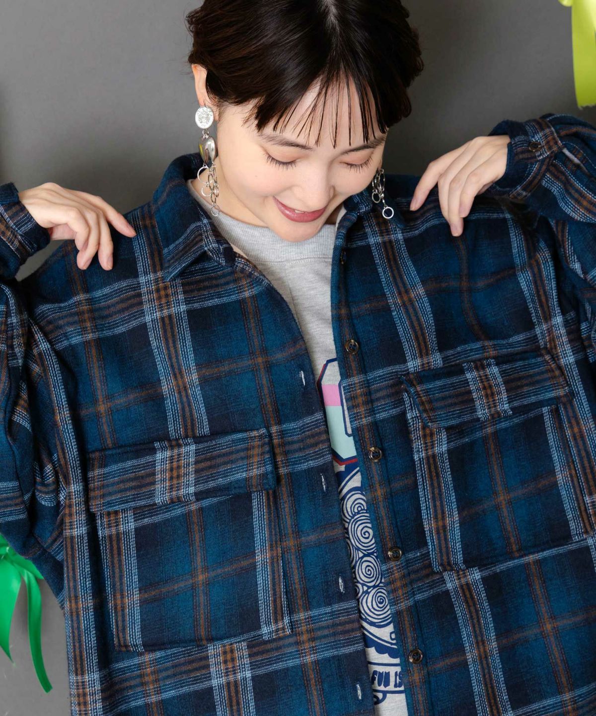 わんコレ柄ネルチェック×ボアシャツアウター-5