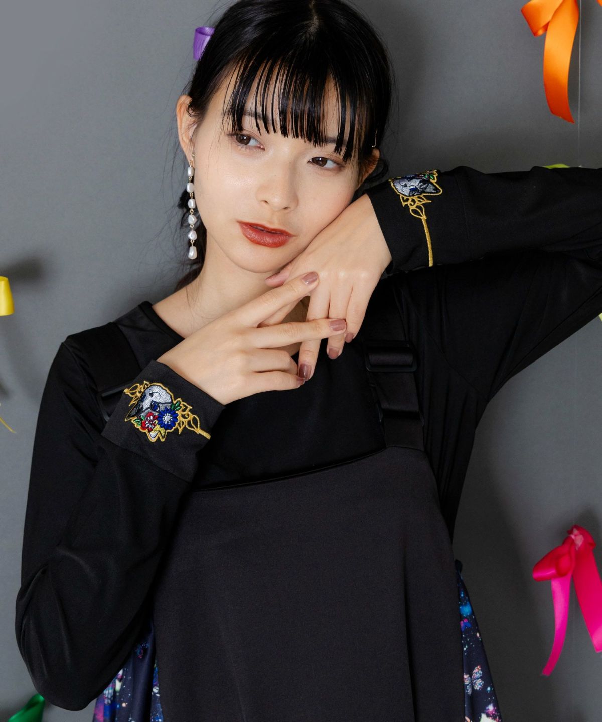 ネコ・ラビル・蝶刺繍 裏起毛スムースインナー-1