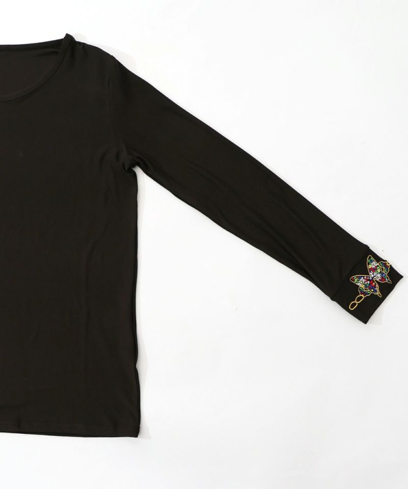 ネコ・ラビル・蝶刺繍 裏起毛スムースインナー-12