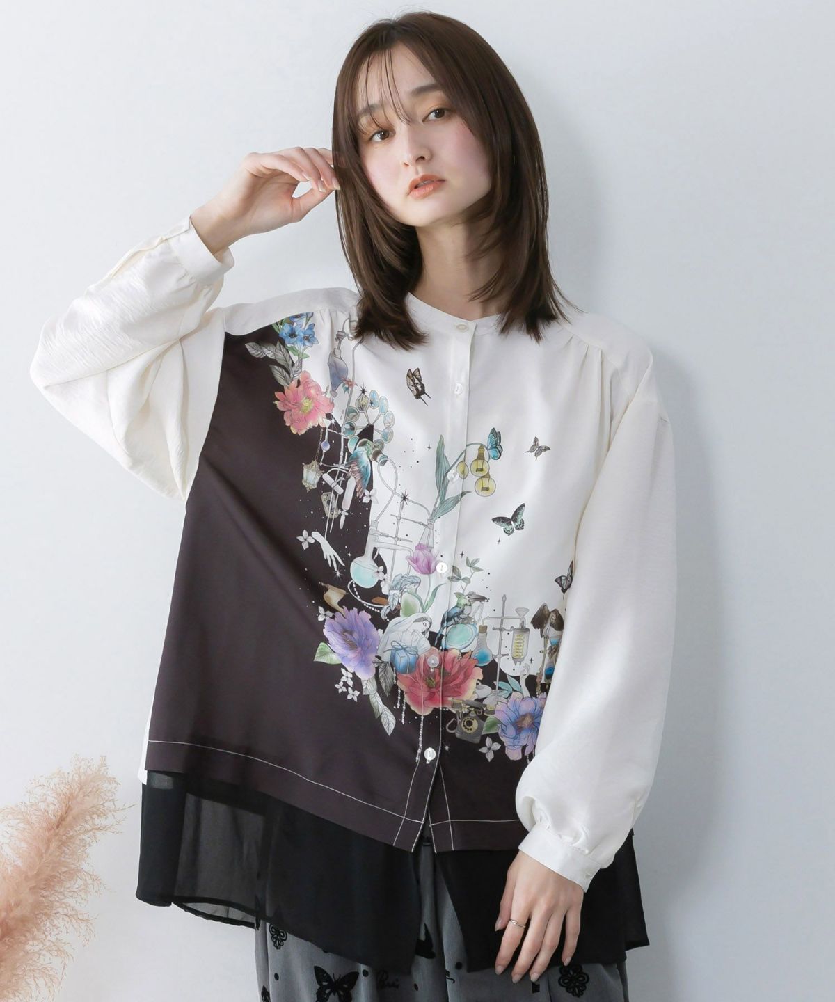 布帛ｘシフォン異素材切替バイカラー花柄シャツ-1