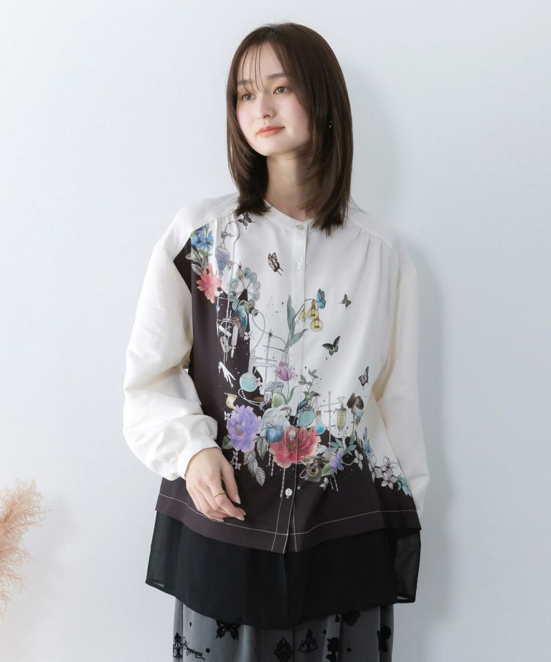 布帛ｘシフォン異素材切替バイカラー花柄シャツ-2