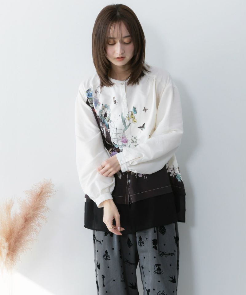 布帛ｘシフォン異素材切替バイカラー花柄シャツ-3