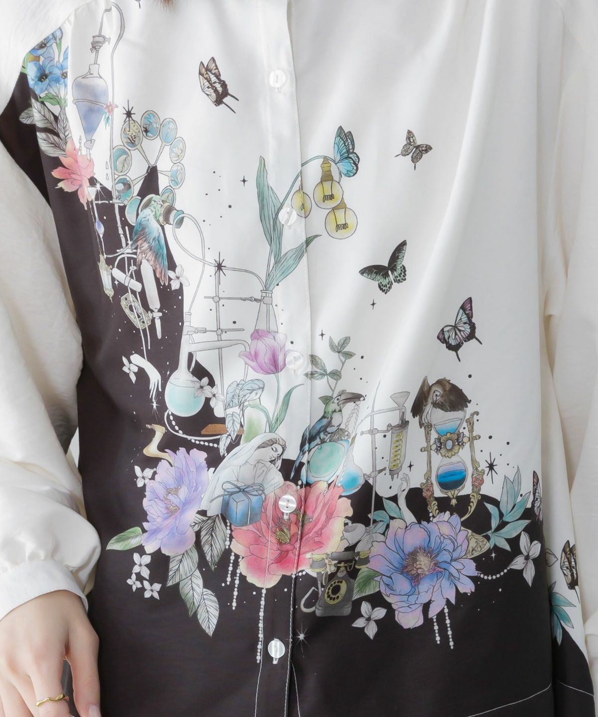 布帛ｘシフォン異素材切替バイカラー花柄シャツ-4