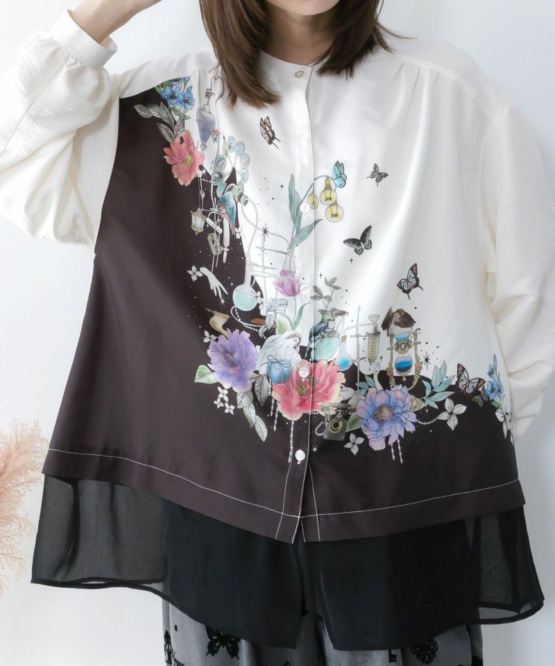 布帛ｘシフォン異素材切替バイカラー花柄シャツ-5