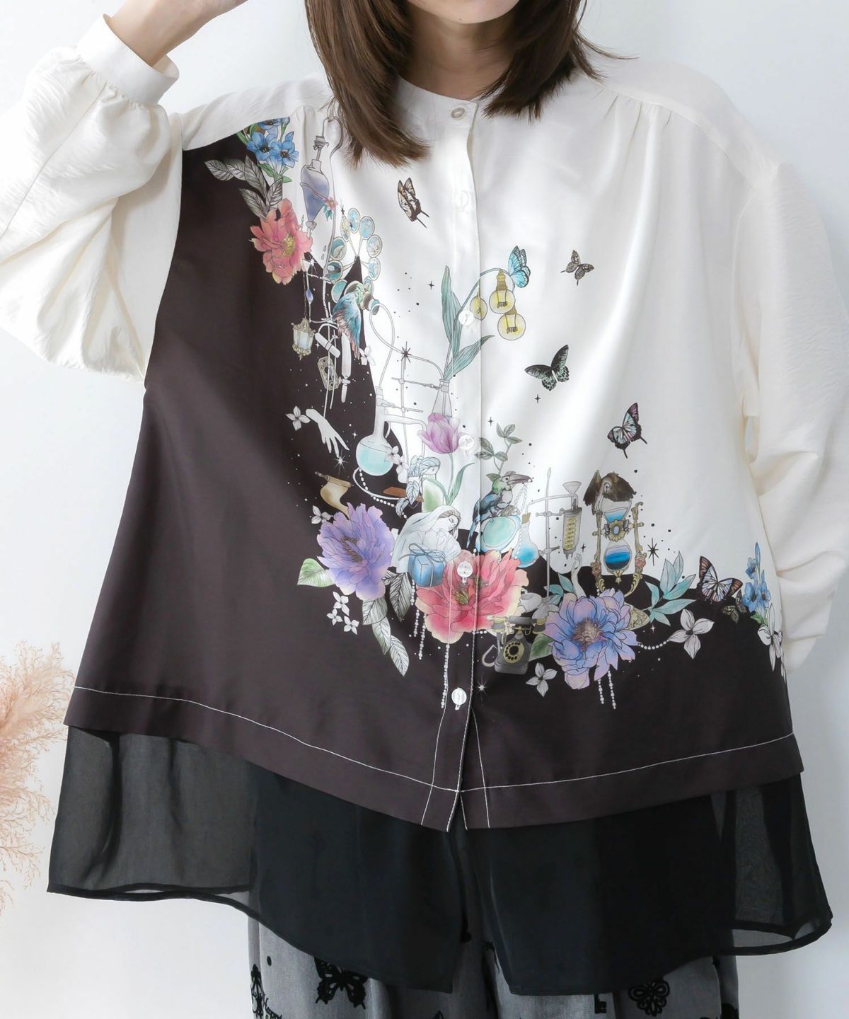 布帛ｘシフォン異素材切替バイカラー花柄シャツ-5