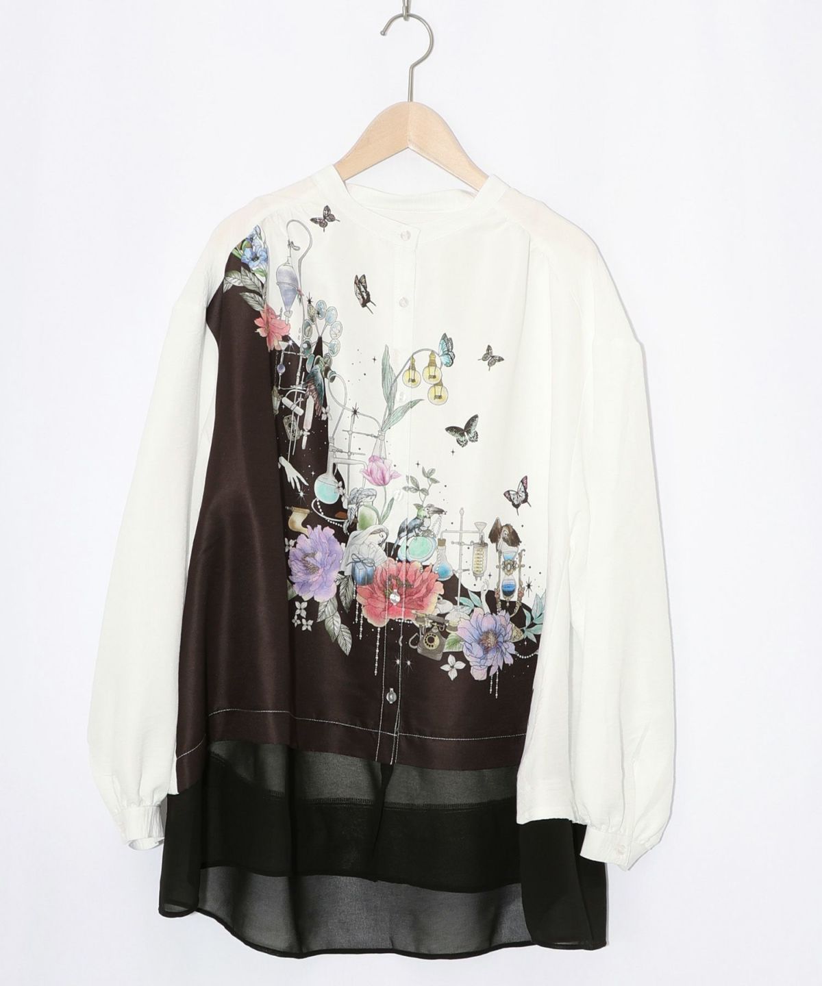 布帛ｘシフォン異素材切替バイカラー花柄シャツ-8