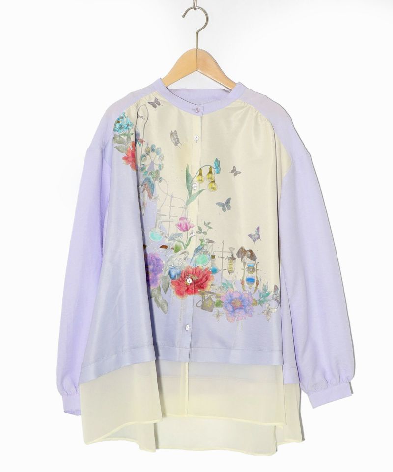 布帛ｘシフォン異素材切替バイカラー花柄シャツ-10