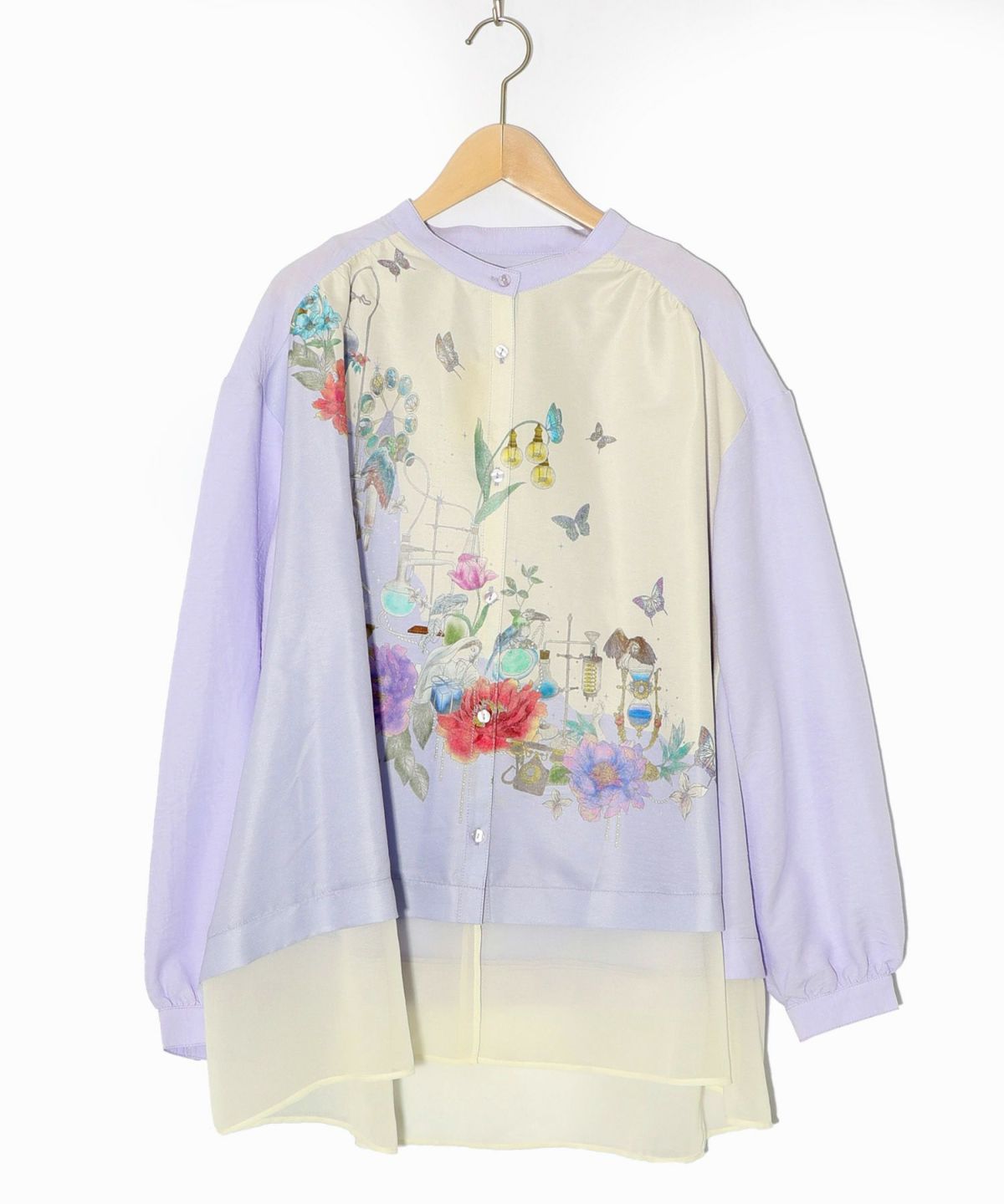 布帛ｘシフォン異素材切替バイカラー花柄シャツ-10