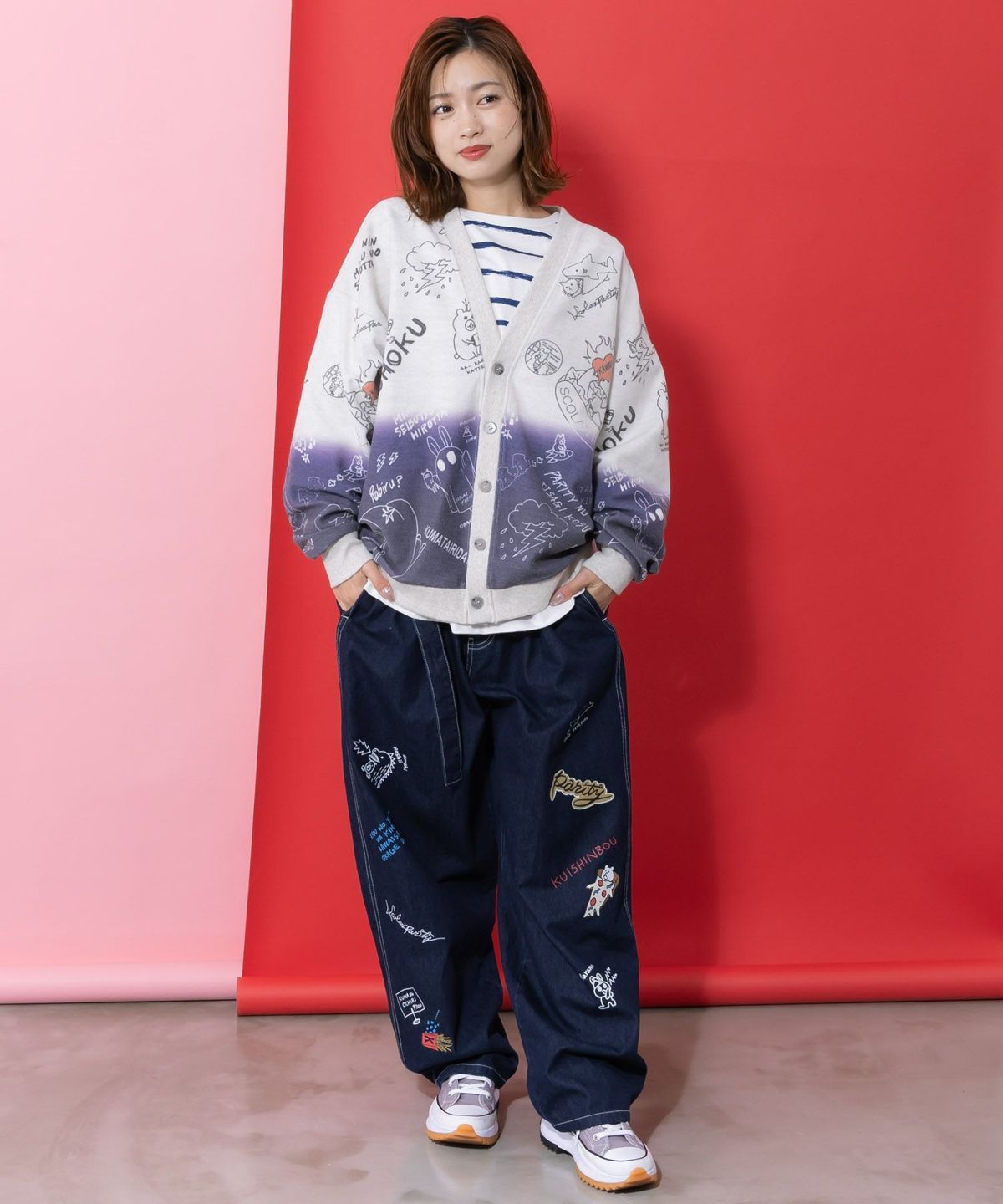 落書き柄段染め風裏毛使いカーディガン-2