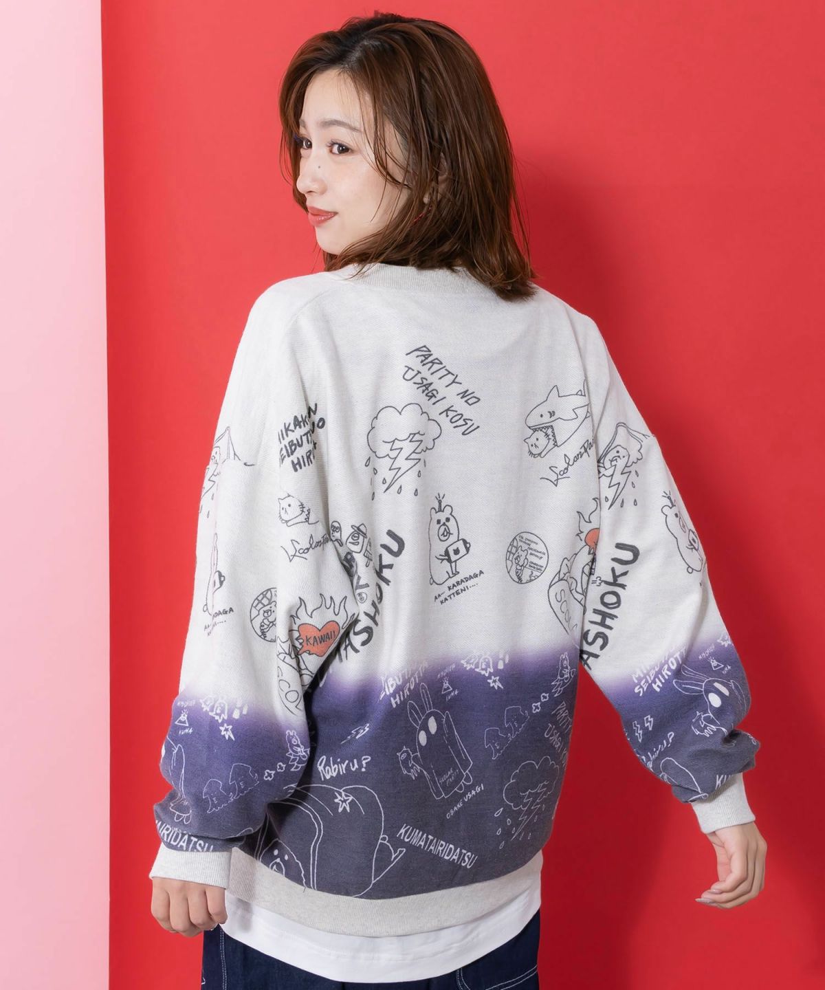 落書き柄段染め風裏毛使いカーディガン-5