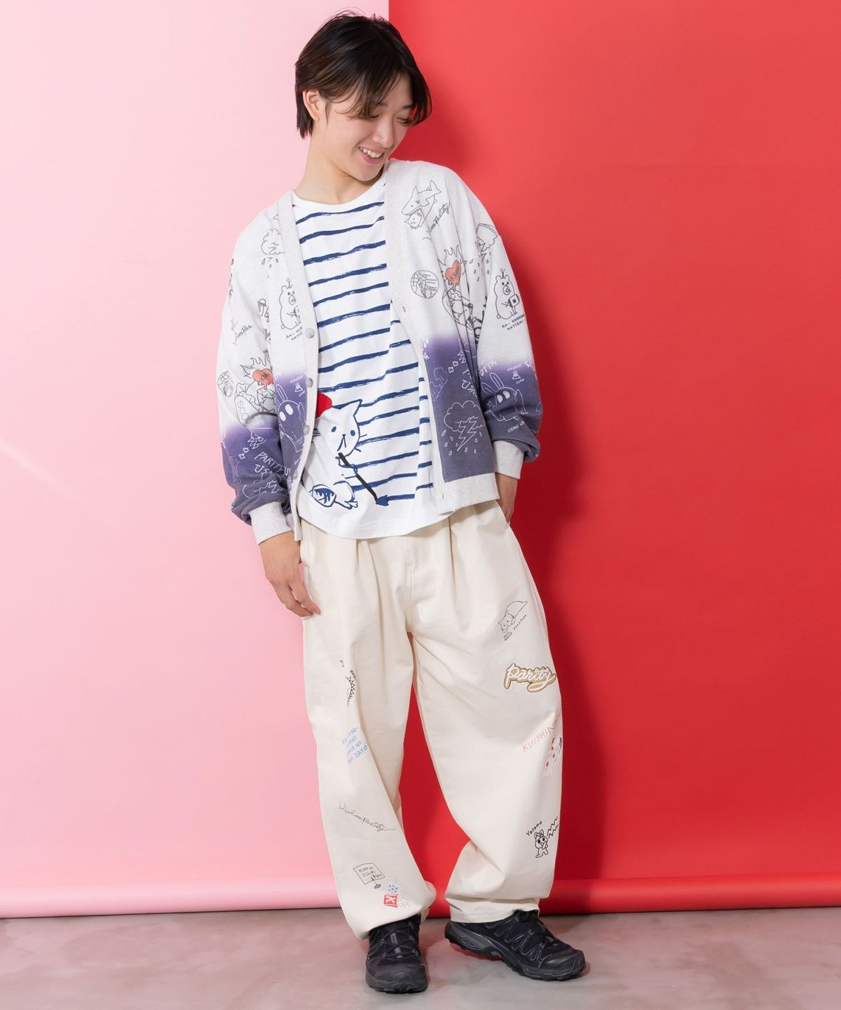 落書き柄段染め風裏毛使いカーディガン-10