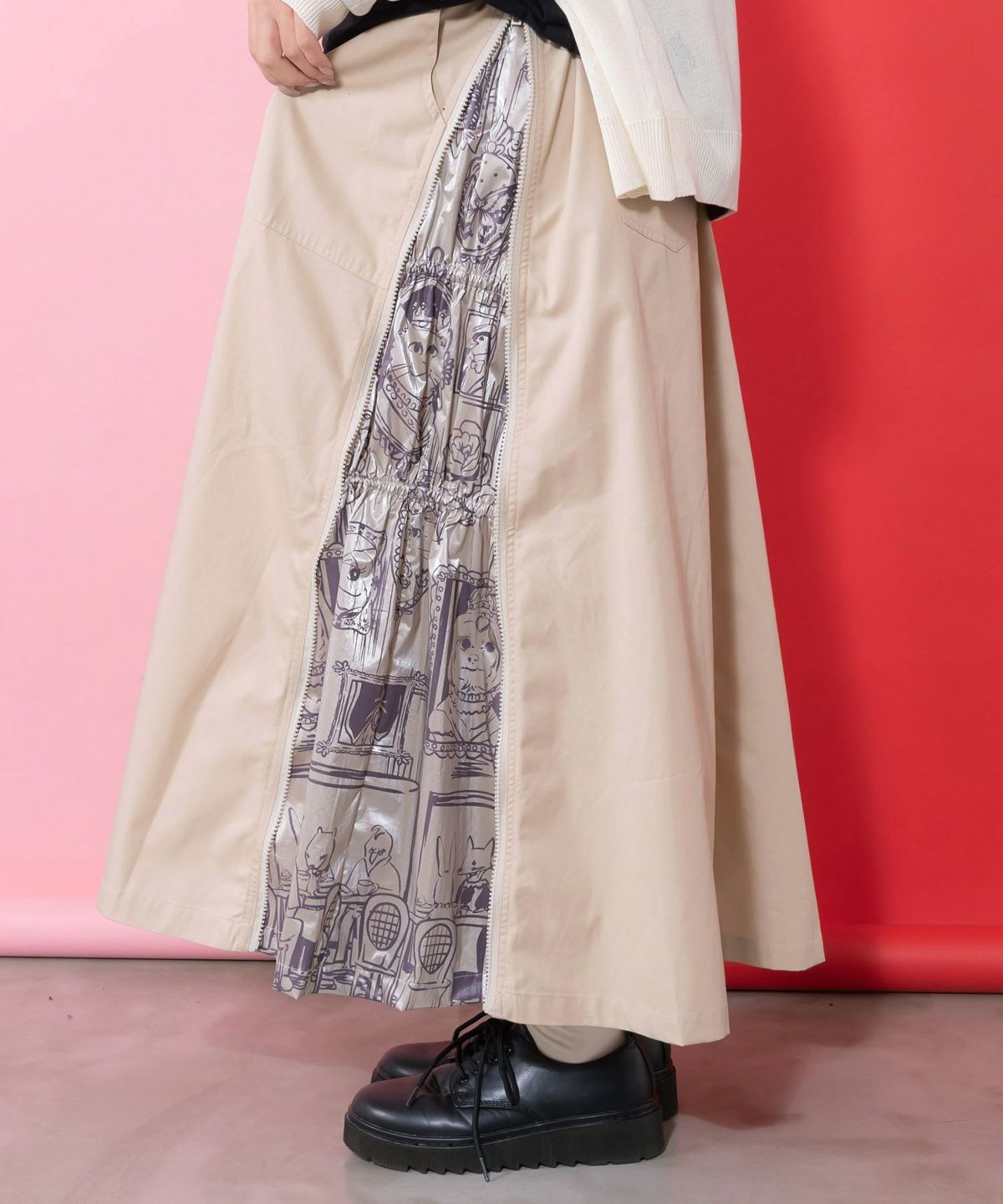 無地×動物たちの肖像柄 4wayツイルスカート-1