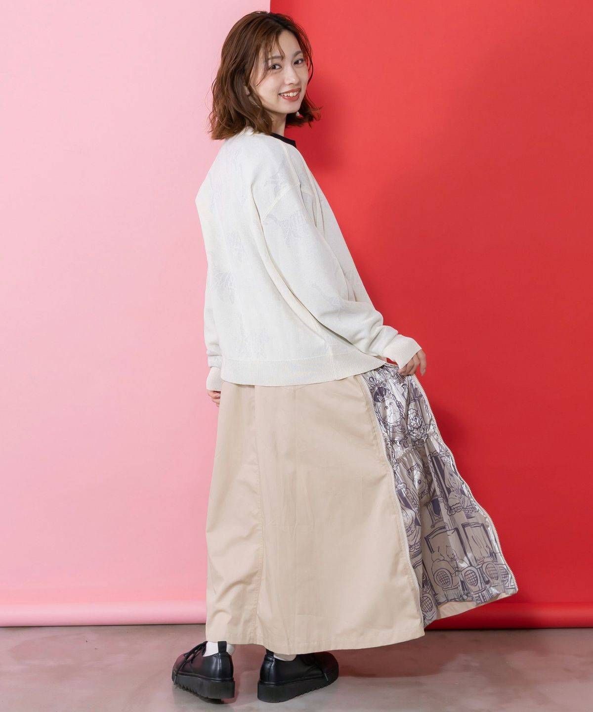無地×動物たちの肖像柄 4wayツイルスカート-2