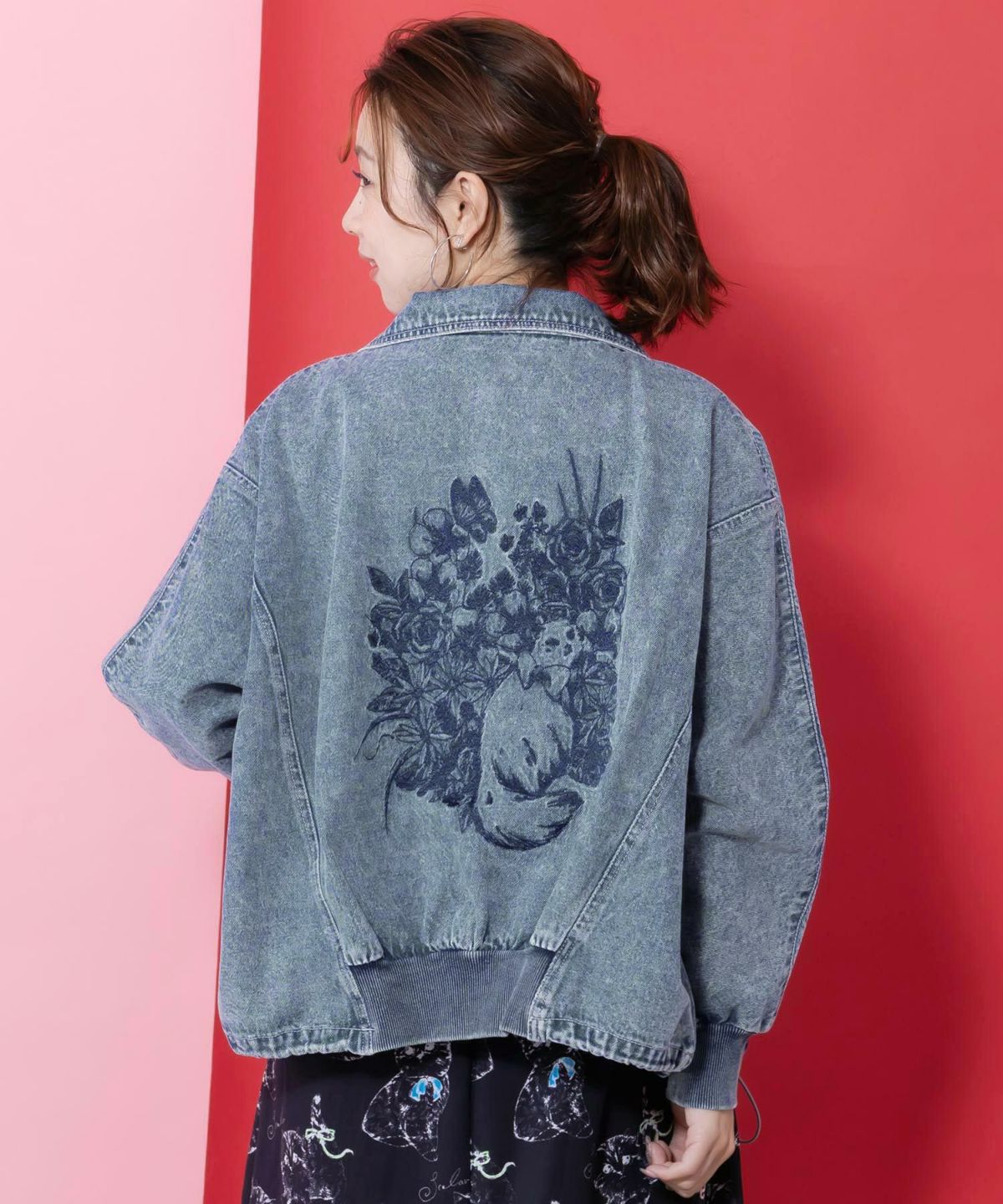 ヴィンテージ風ネコ刺繍デニムジャケット-1