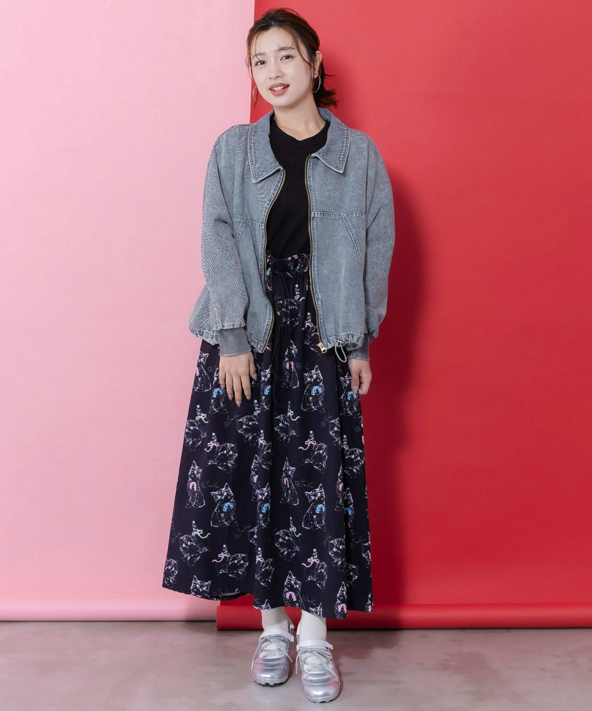 ヴィンテージ風ネコ刺繍デニムジャケット-3