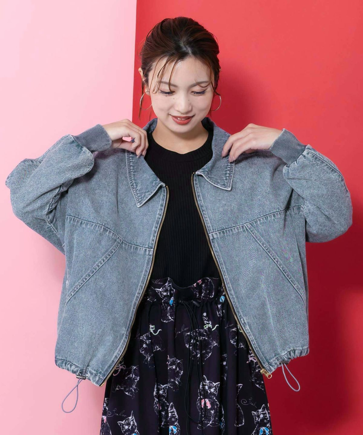 ヴィンテージ風ネコ刺繍デニムジャケット-4