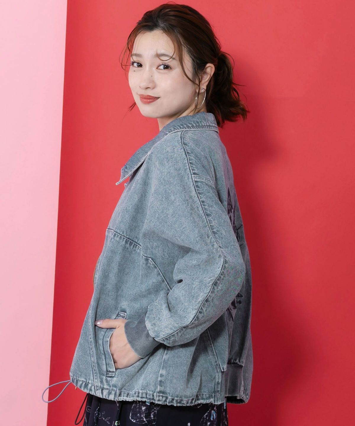 ヴィンテージ風ネコ刺繍デニムジャケット-5