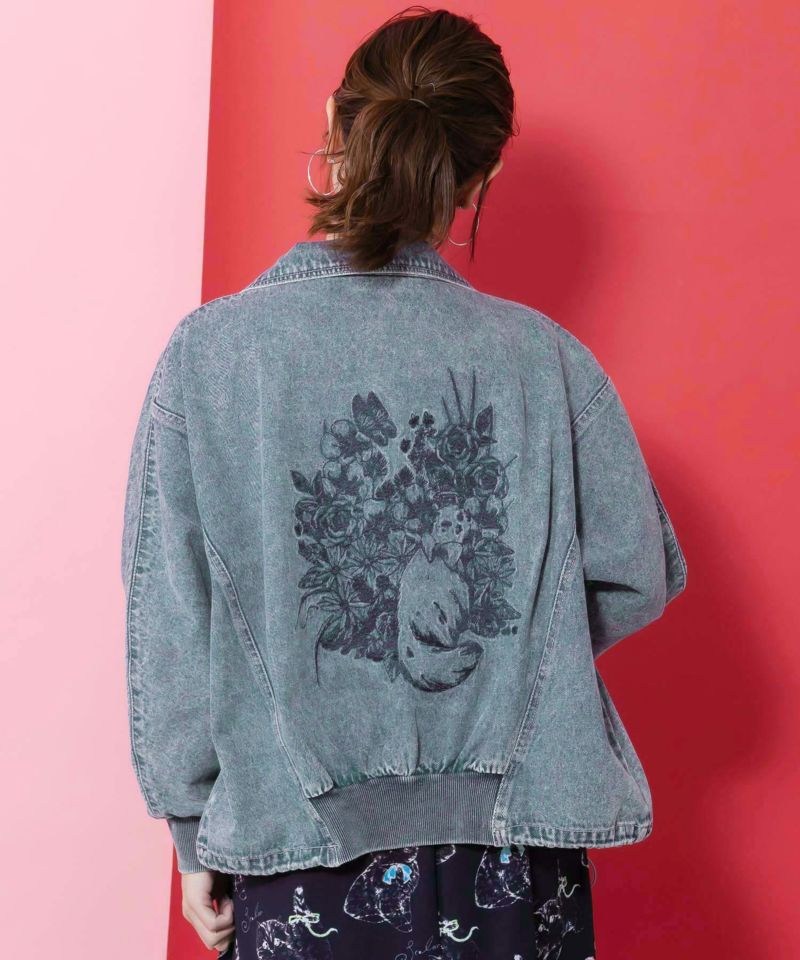 ヴィンテージ風ネコ刺繍デニムジャケット-6