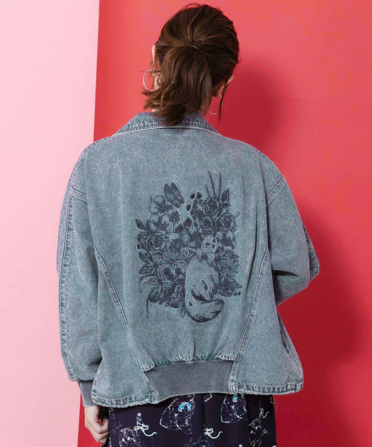 ヴィンテージ風ネコ刺繍デニムジャケット-6