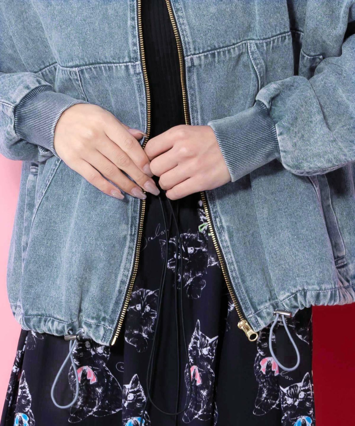 ヴィンテージ風ネコ刺繍デニムジャケット-7