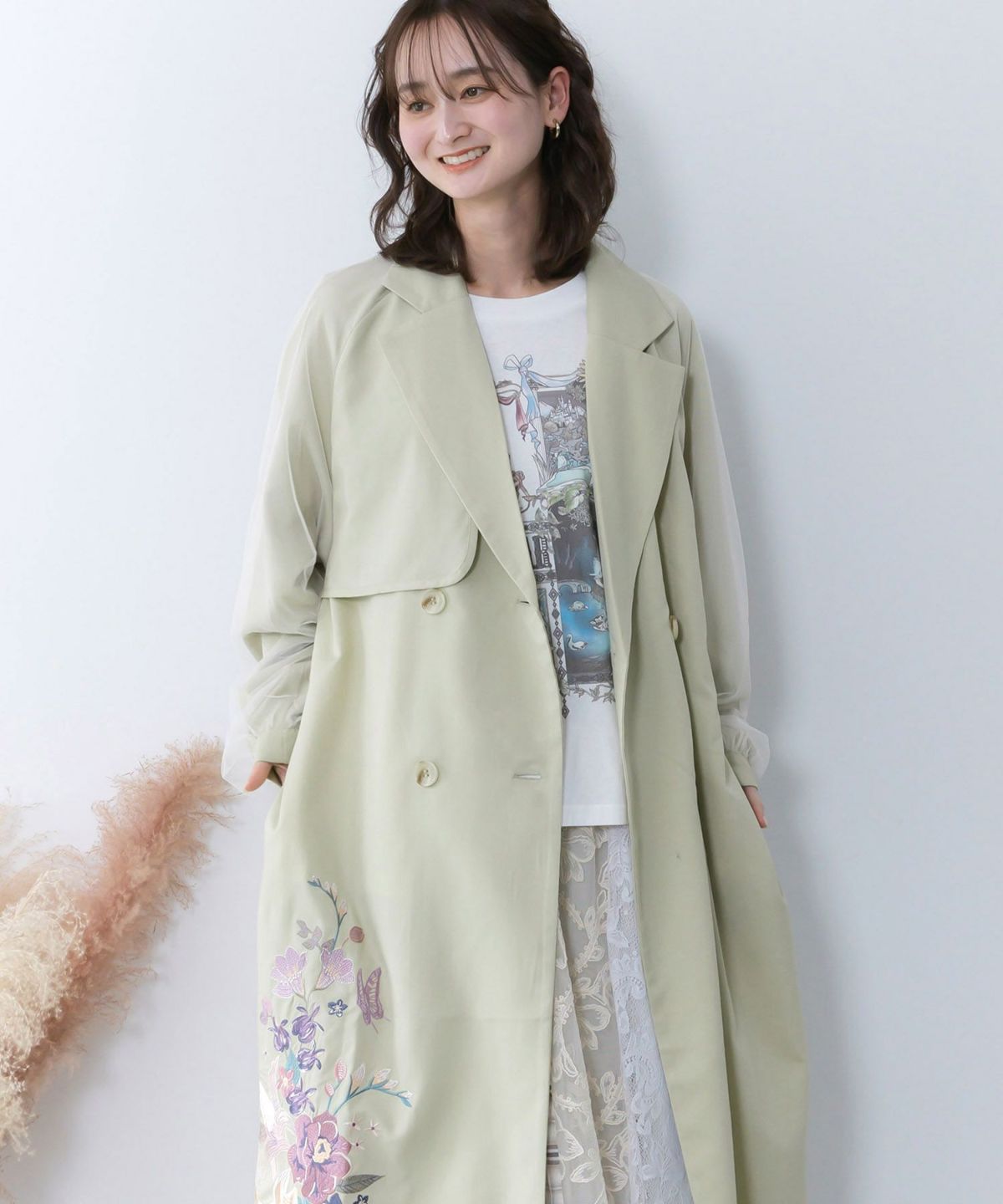 チュール重ね花刺繍ロングコート-4