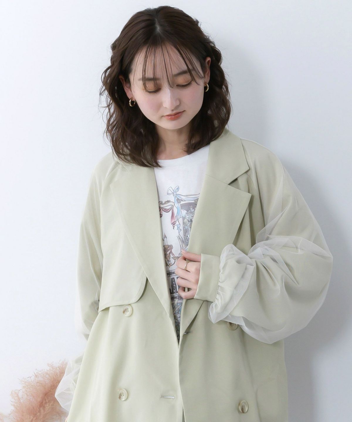 チュール重ね花刺繍ロングコート-8