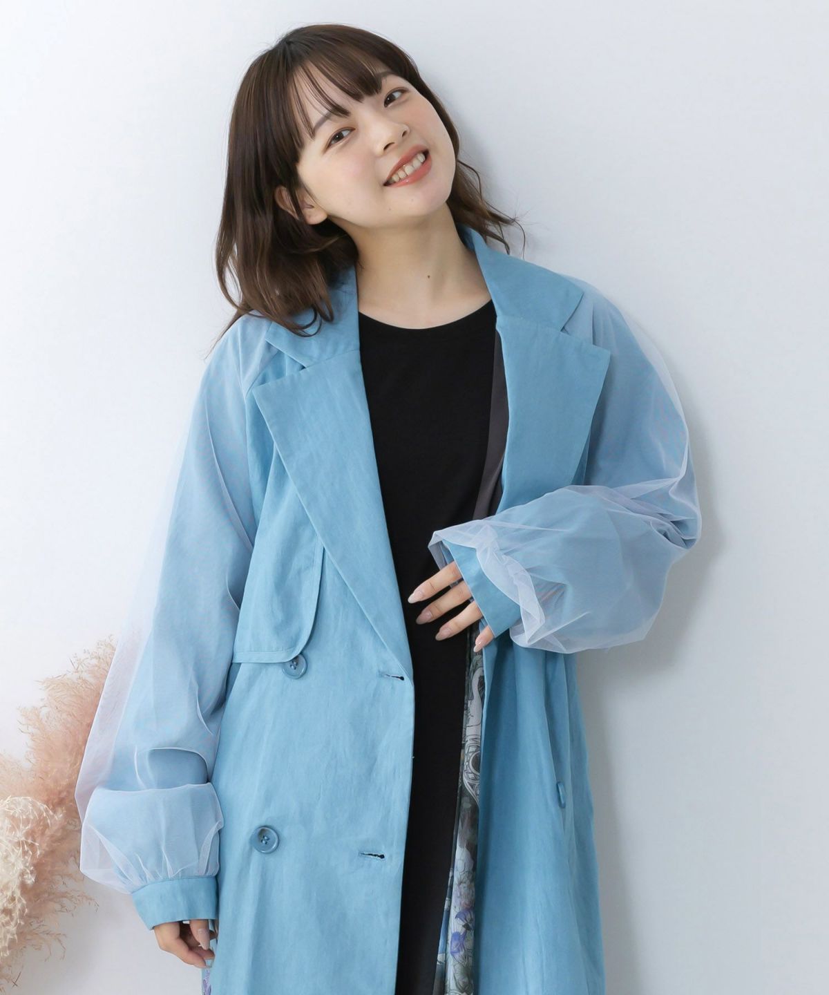 チュール重ね花刺繍ロングコート-13