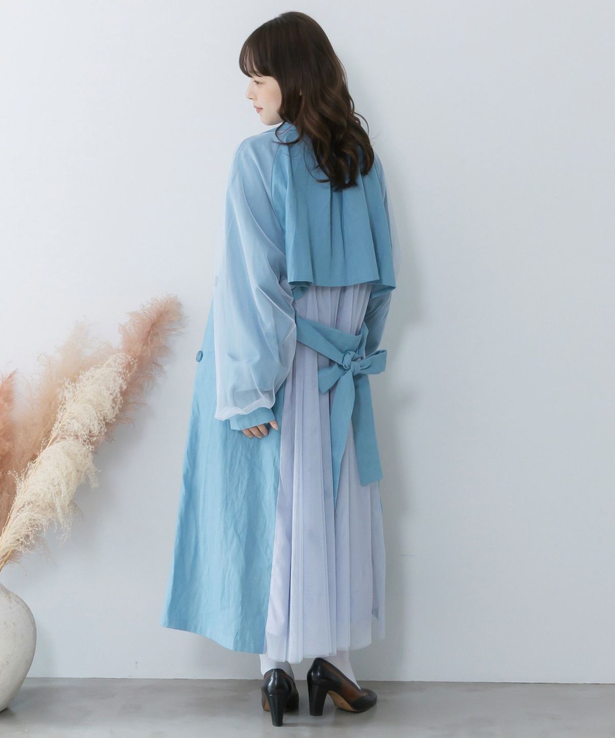 チュール重ね花刺繍ロングコート-15