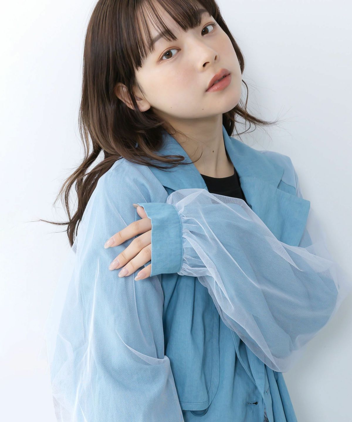 チュール重ね花刺繍ロングコート-17