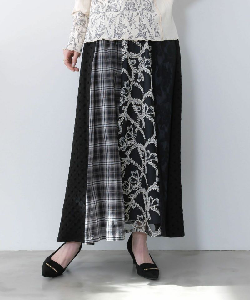 ドット×チェック×チュール×レース切替スカート-1