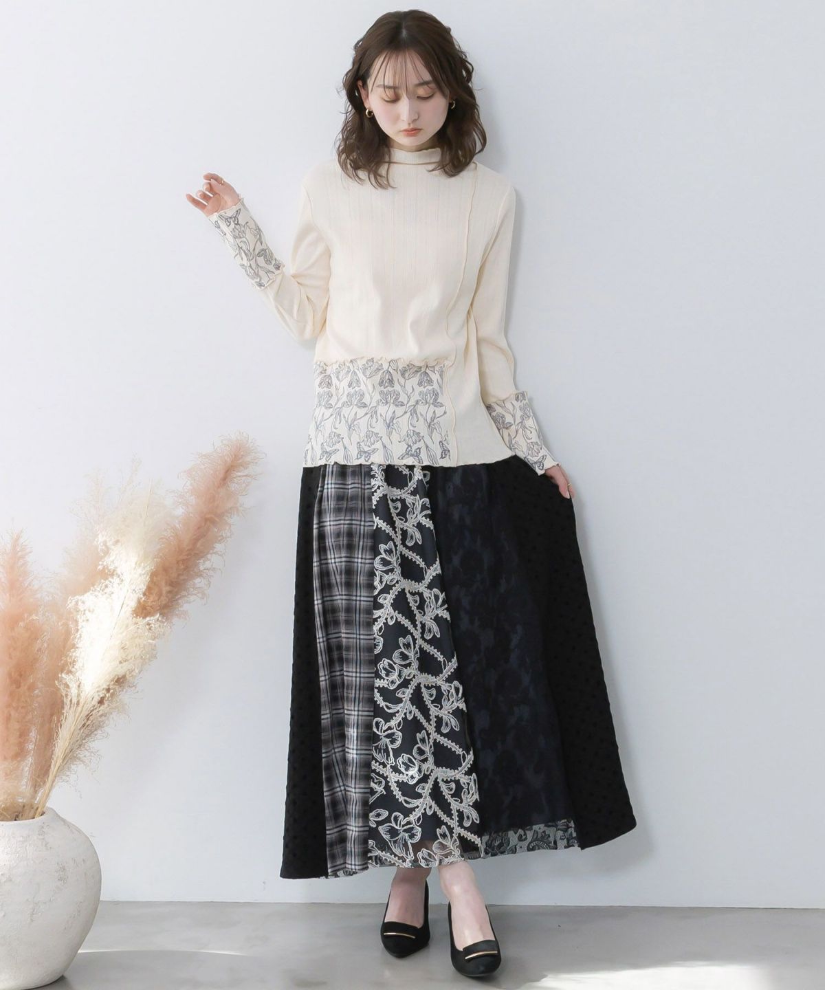 ドット×チェック×チュール×レース切替スカート-2