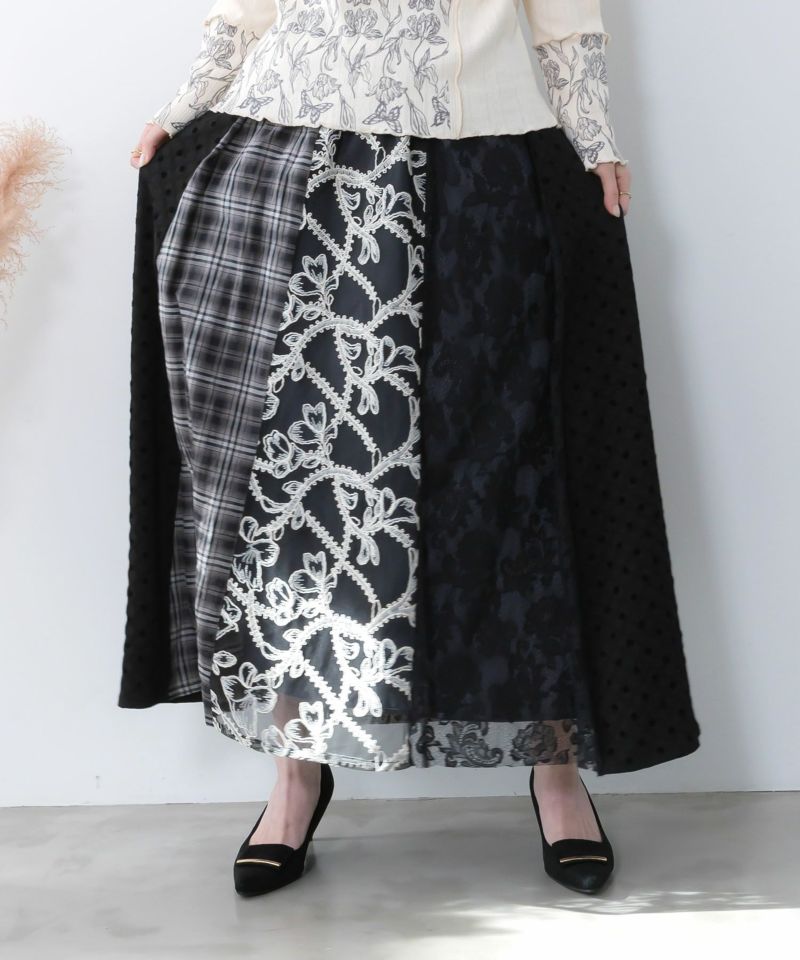 ドット×チェック×チュール×レース切替スカート-3