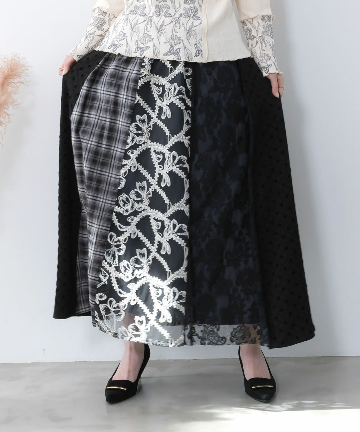 ドット×チェック×チュール×レース切替スカート-3