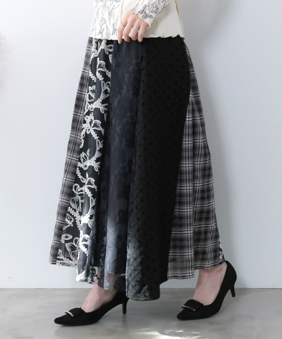 ドット×チェック×チュール×レース切替スカート-4