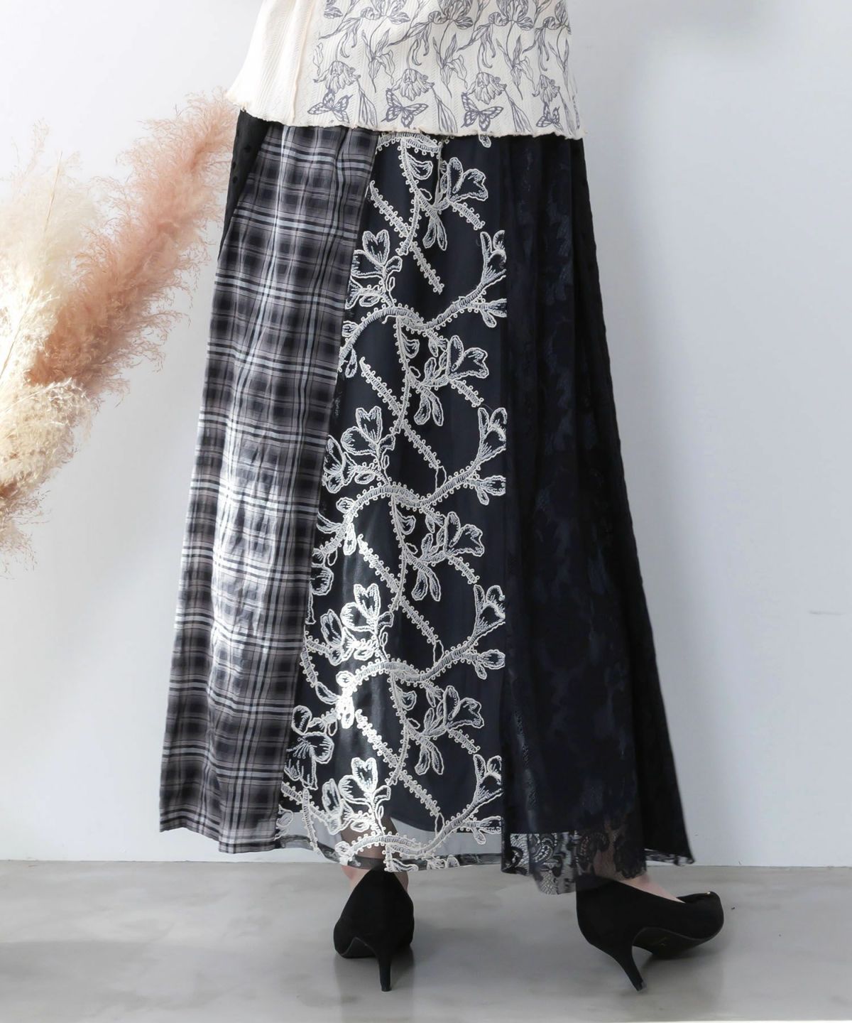 ドット×チェック×チュール×レース切替スカート-5