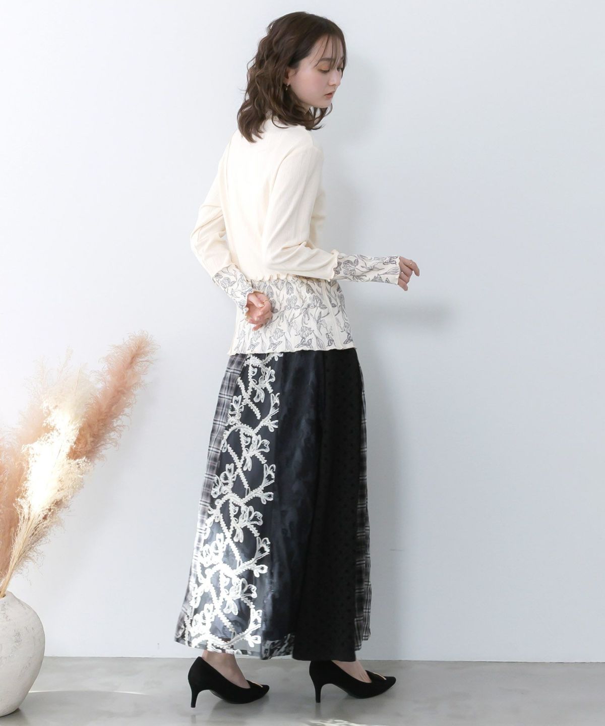 ドット×チェック×チュール×レース切替スカート-6