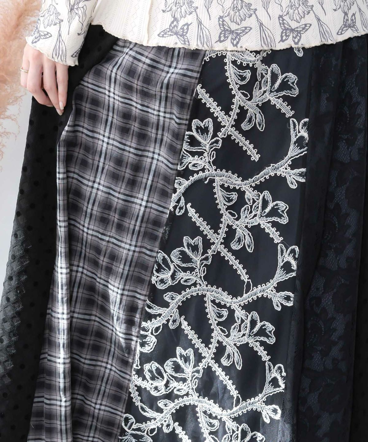 ドット×チェック×チュール×レース切替スカート-7