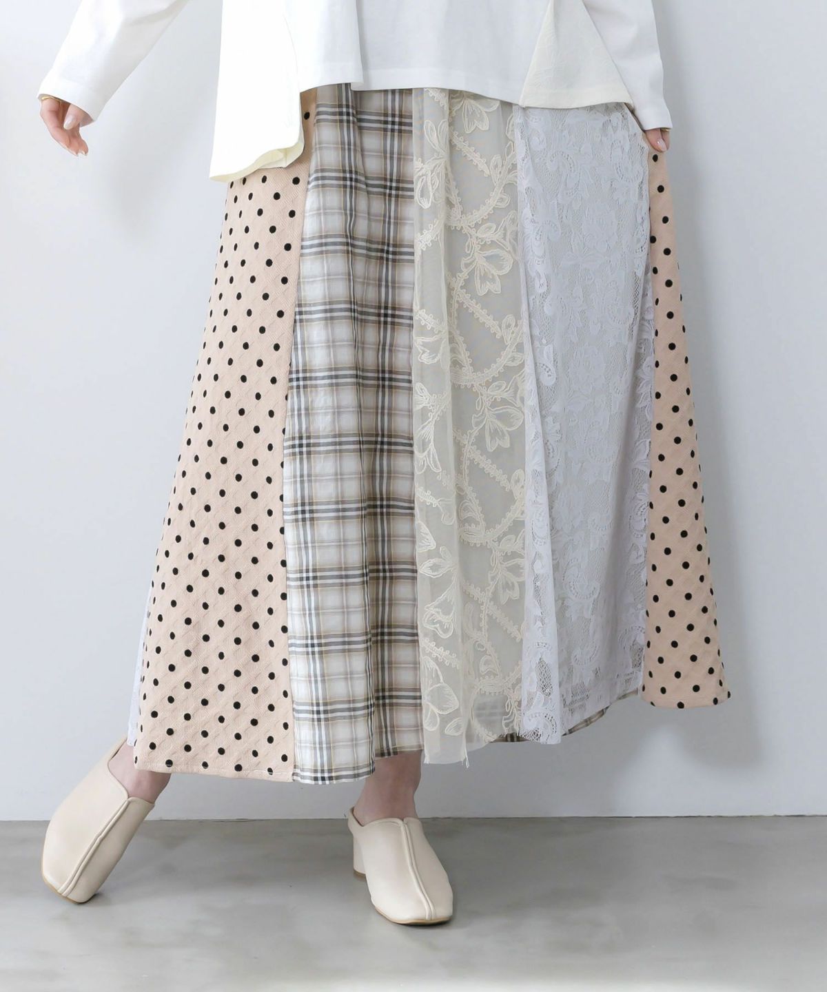 ドット×チェック×チュール×レース切替スカート-9