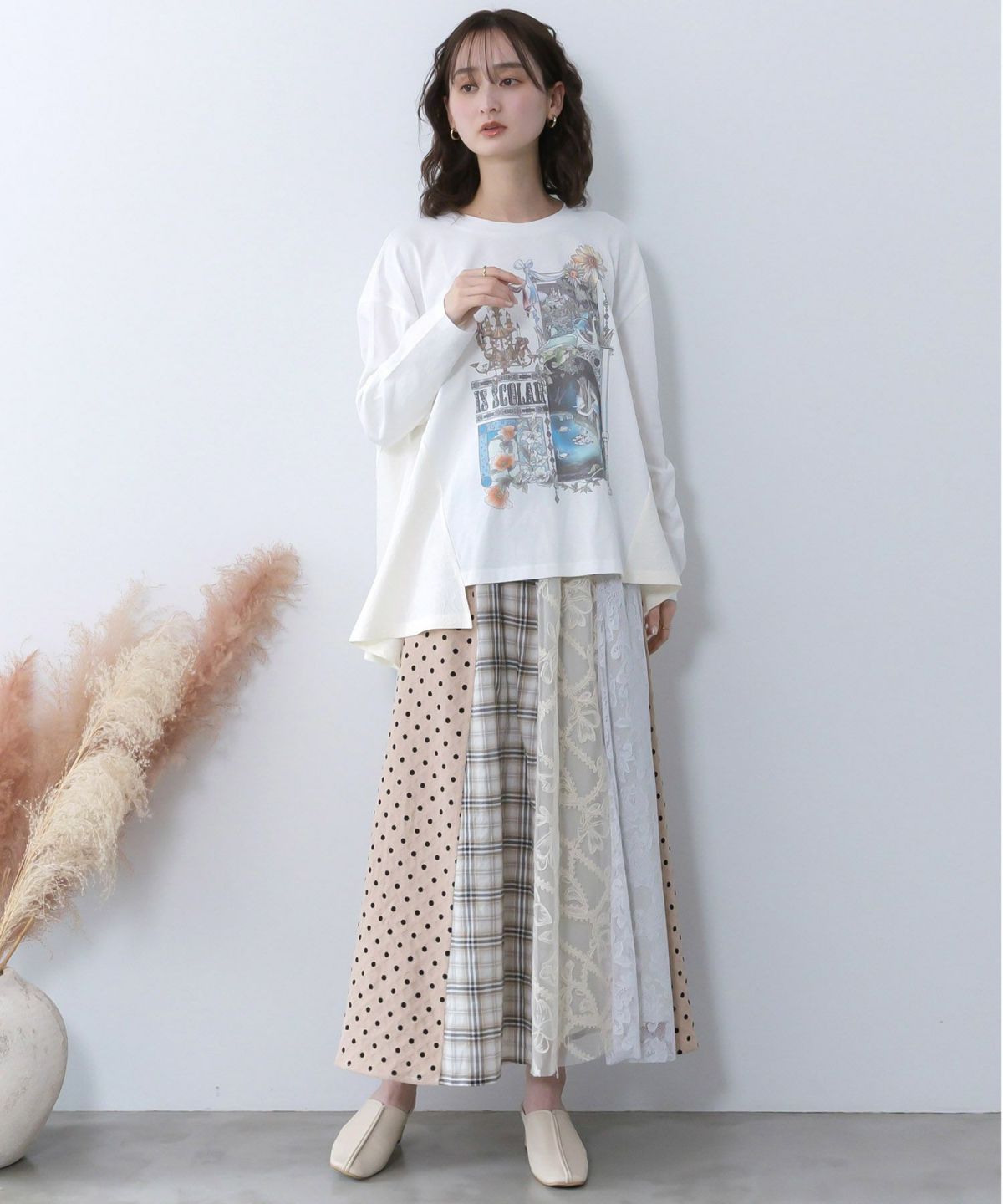 ドット×チェック×チュール×レース切替スカート-10