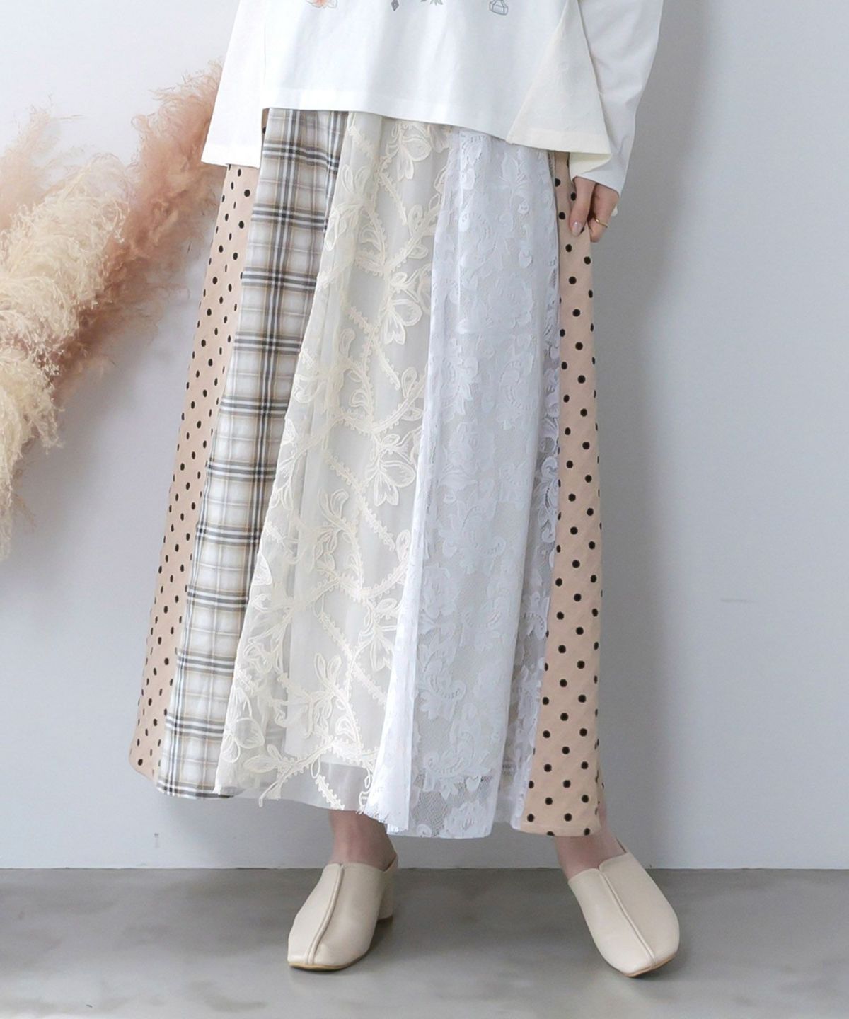 ドット×チェック×チュール×レース切替スカート-11