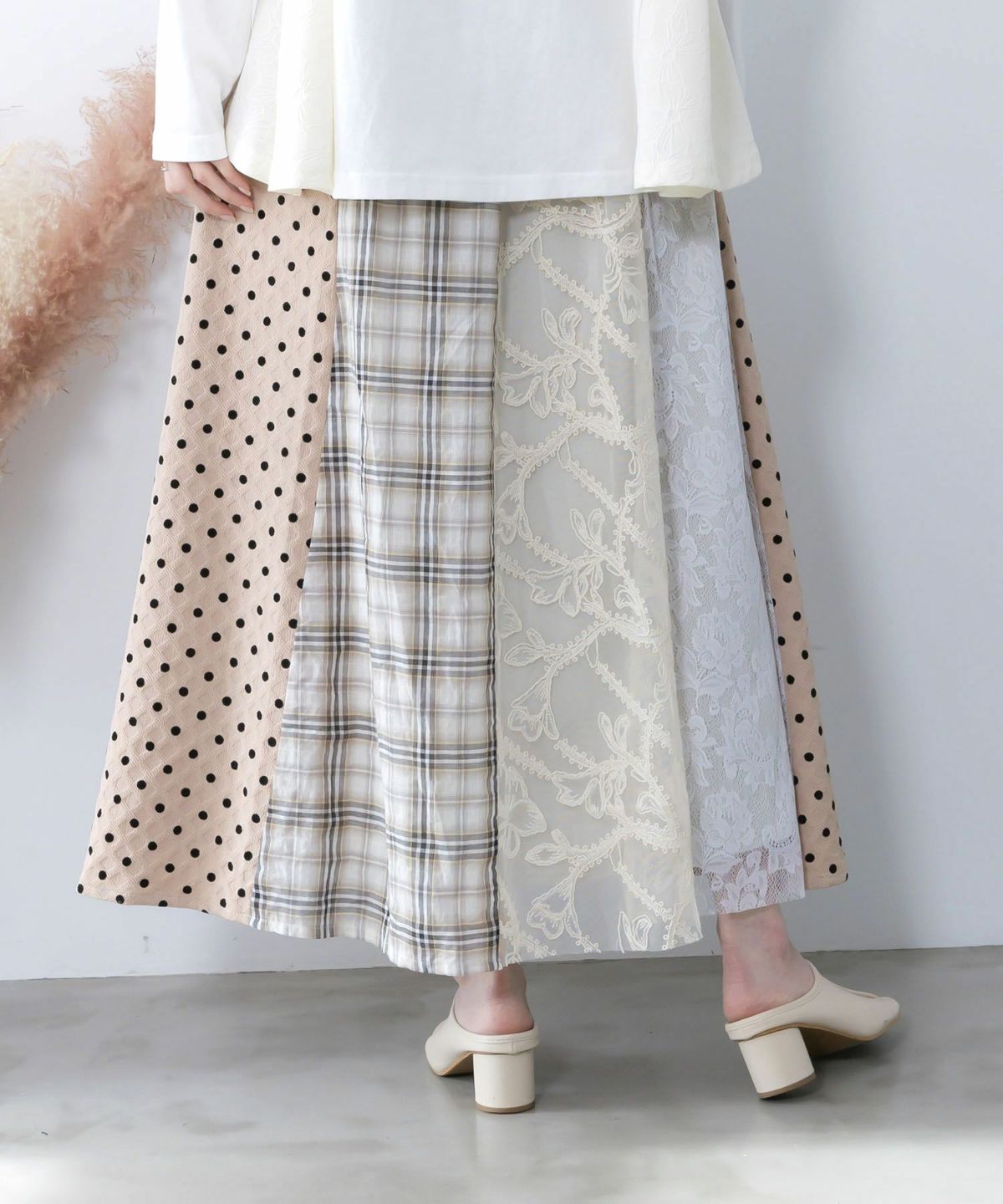 ドット×チェック×チュール×レース切替スカート-13