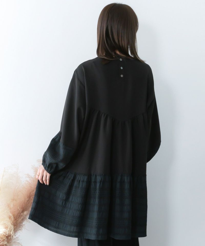 花蝶刺繍シャーリング生地ティアード風ワンピース-5