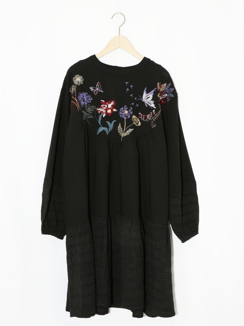 花蝶刺繍シャーリング生地ティアード風ワンピース-11