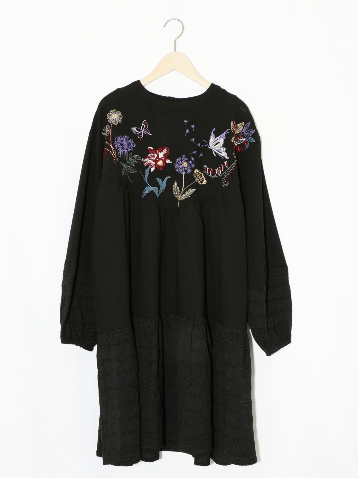 花蝶刺繍シャーリング生地ティアード風ワンピース-11