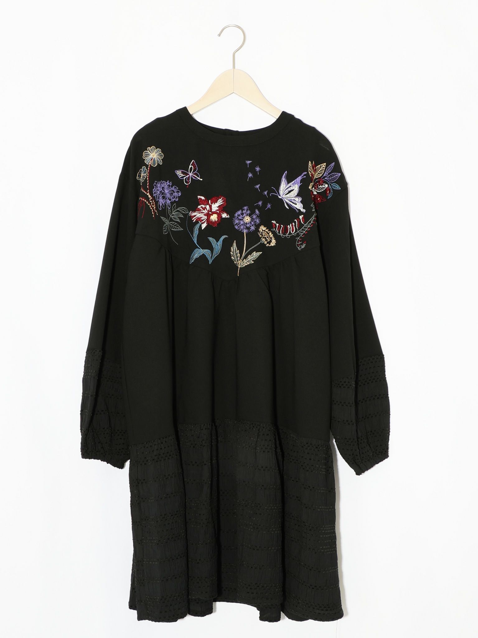 花蝶刺繍シャーリング生地ティアード風ワンピース-11