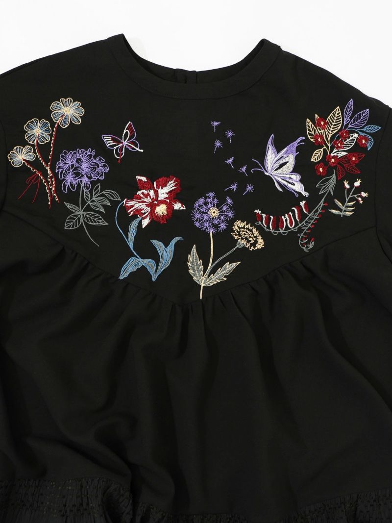 花蝶刺繍シャーリング生地ティアード風ワンピース-13