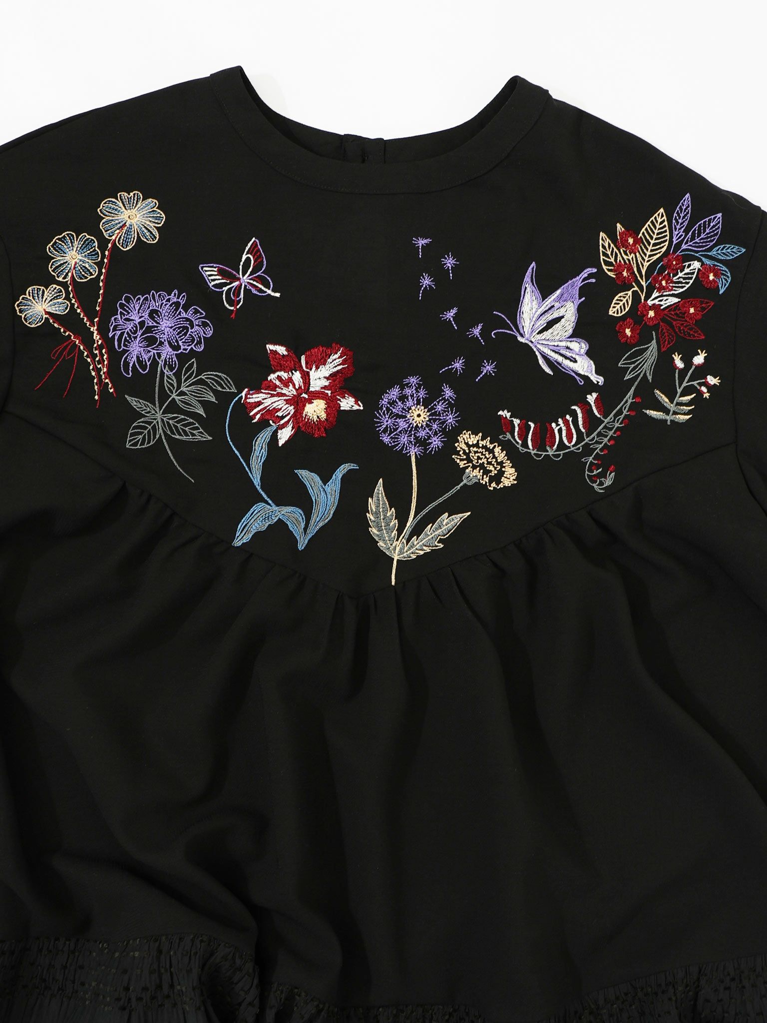 花蝶刺繍シャーリング生地ティアード風ワンピース-13