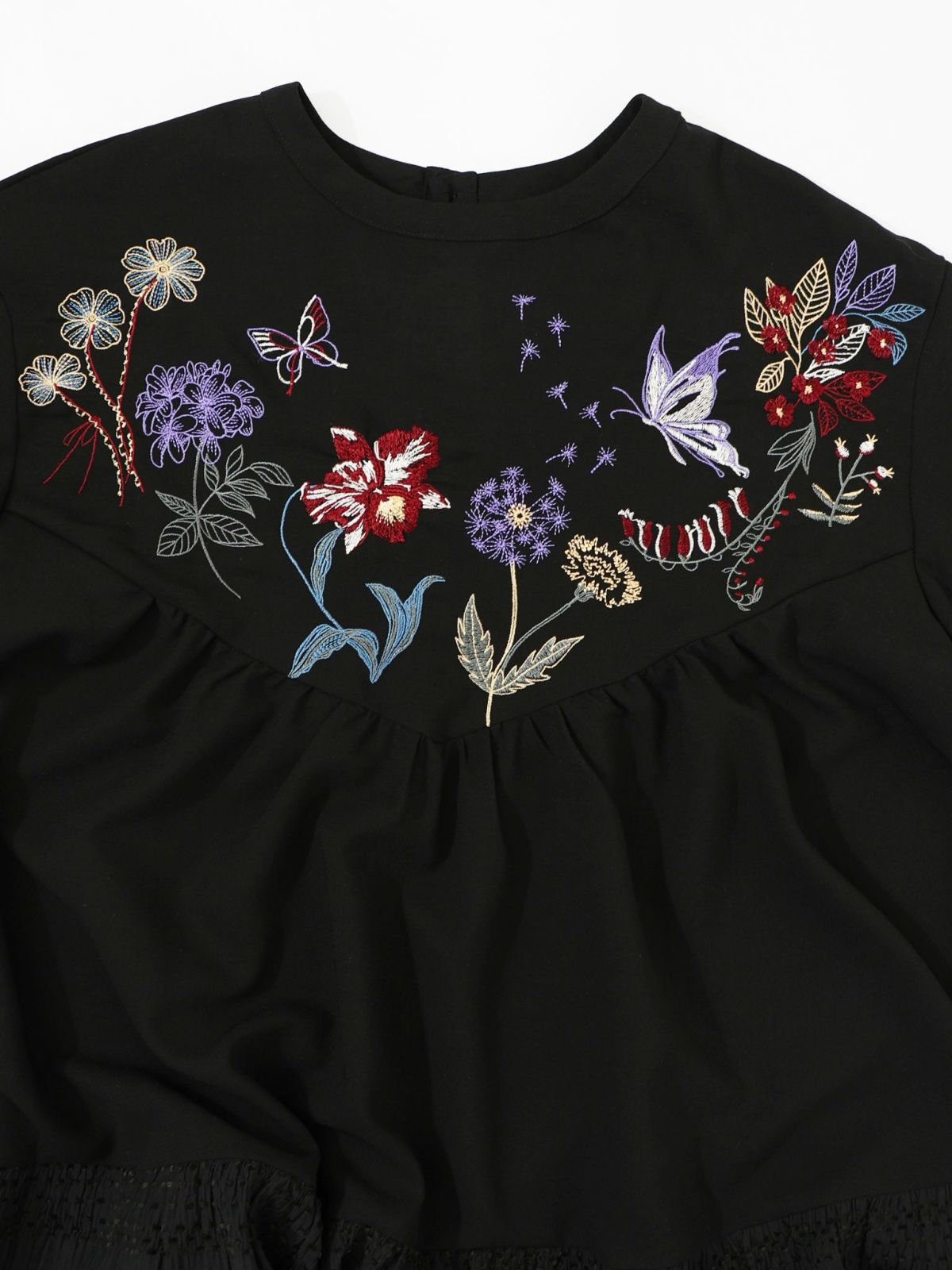 花蝶刺繍シャーリング生地ティアード風ワンピース-13