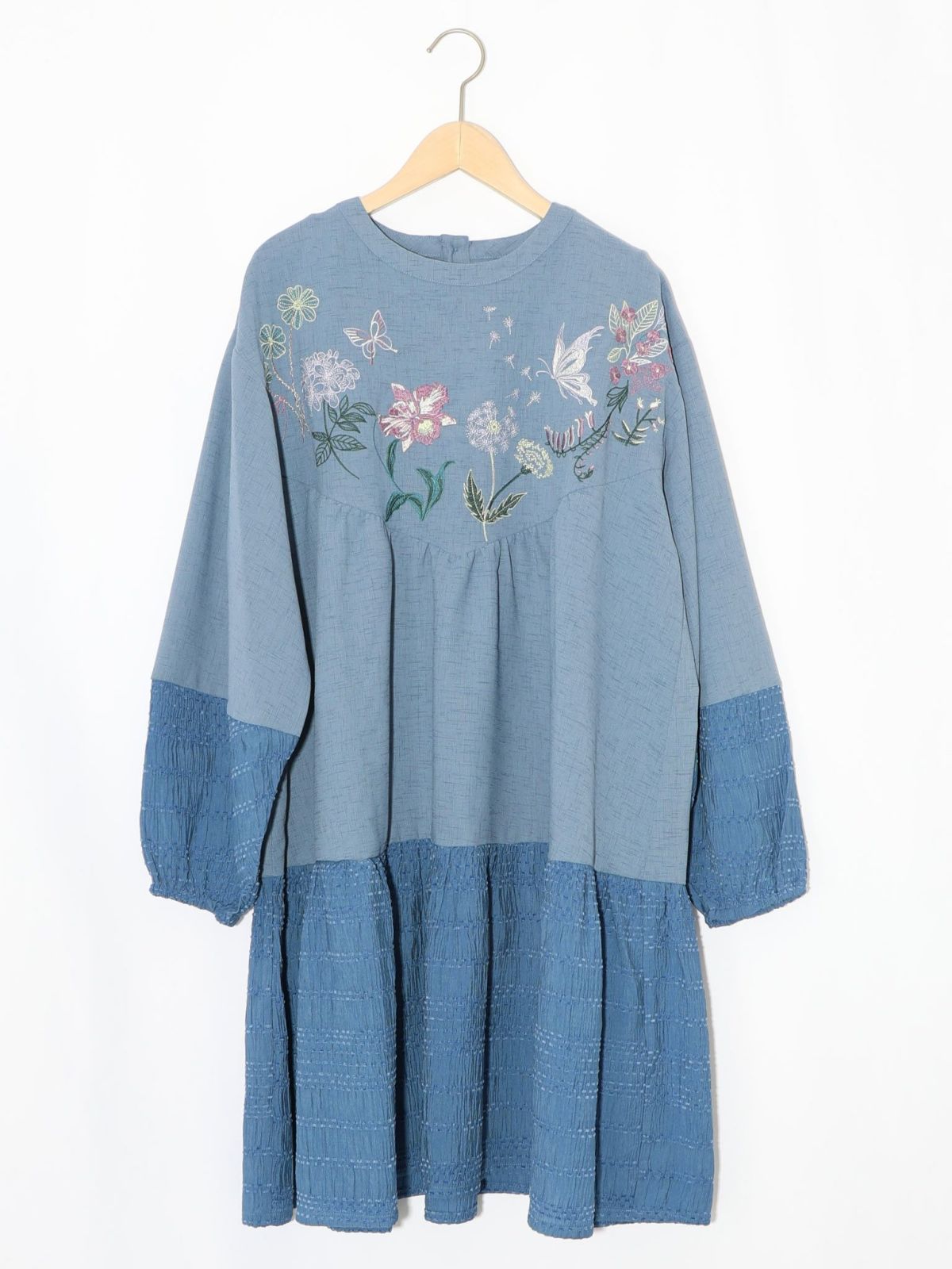 花蝶刺繍シャーリング生地ティアード風ワンピース-14
